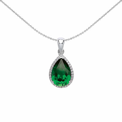 Silver  Green Pear CZ Halo Tears of Joy Pendant Necklace 18 inch - GVP393