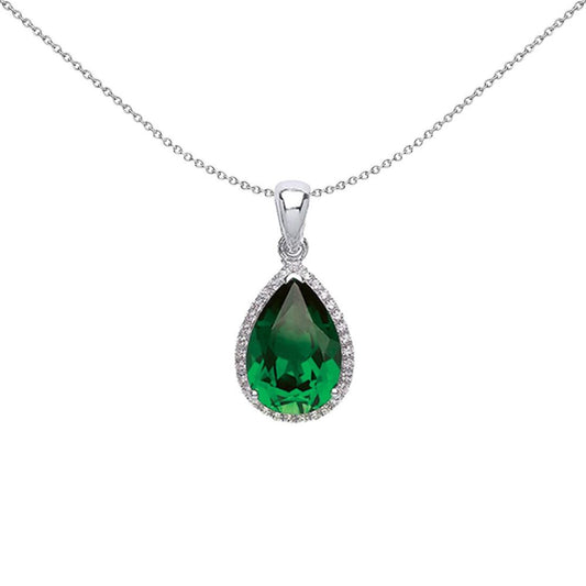 Silver  Green Pear CZ Halo Tears of Joy Pendant Necklace - GVP393