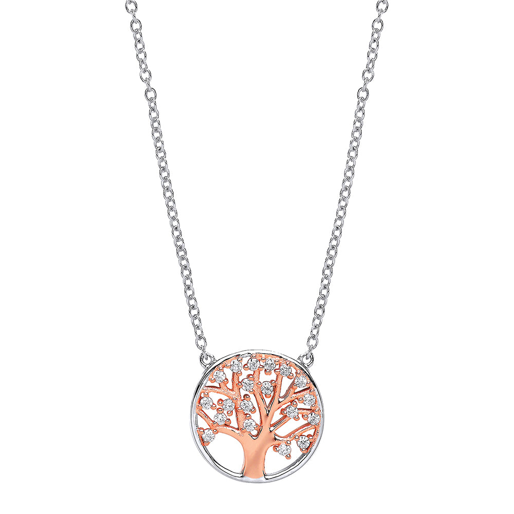 Rose Silver  CZ Tree of Life Pendant Necklace 17 inch - GVP395