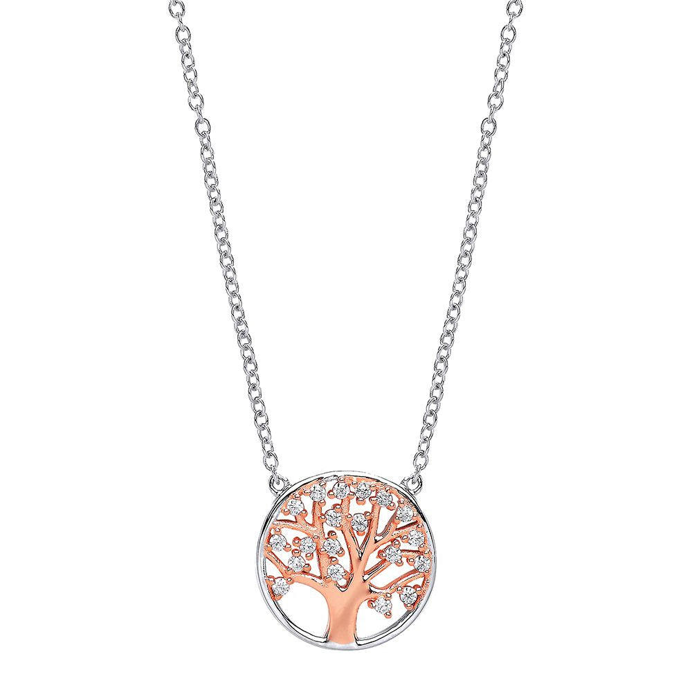 Rose Silver  CZ Tree of Life Pendant Necklace 17 inch - GVP395