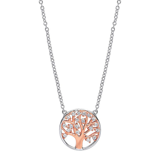 Rose Silver  CZ Tree of Life Pendant Necklace 17 inch - GVP395