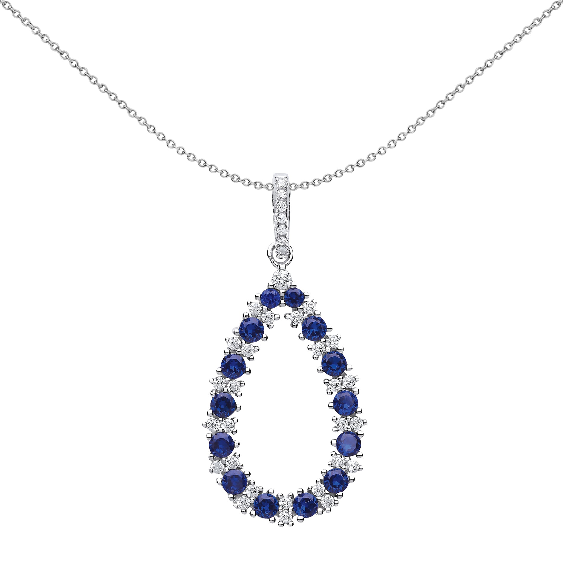 Silver  Blue CZ Alternating Pendant Necklace 18 inch - GVP405