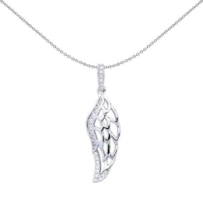 Sterling Silver  White Round CZ Angel Wing Charm Necklace 18 inch - GVP411