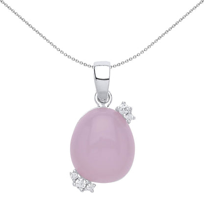 Silver  pink Oval Quartz Pebble Pendant Necklace - GVP417PINK