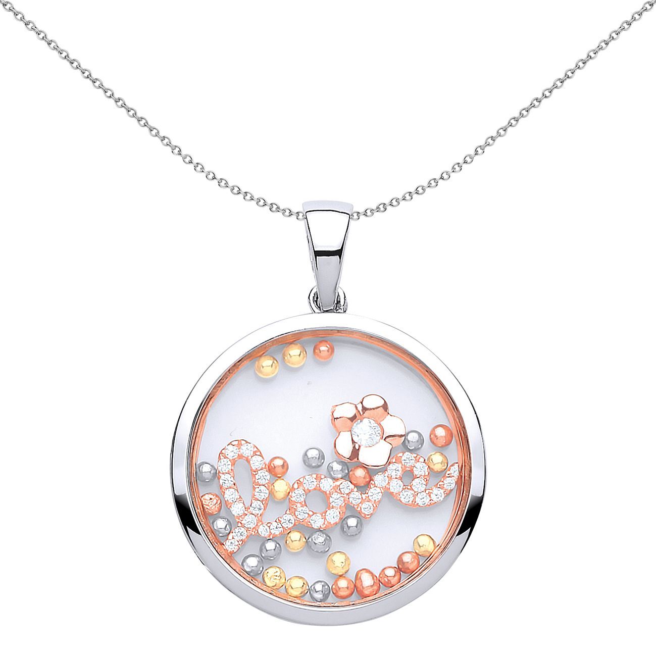 Rose Silver  CZ Floating Bead Love Daisy Pendant Necklace - GVP425