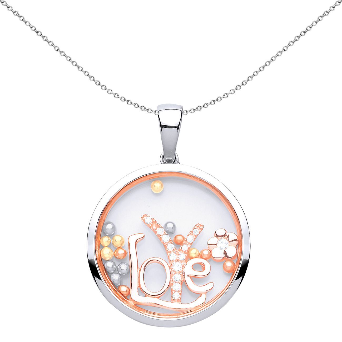 Rose Silver  CZ Floating Bead Love Daisy Pendant Necklace - GVP426