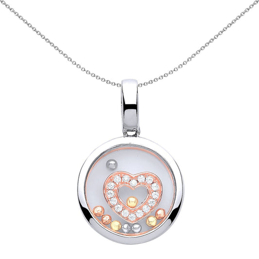 Rose Silver  CZ Floating Bead Love Heart Pendant Necklace - GVP427
