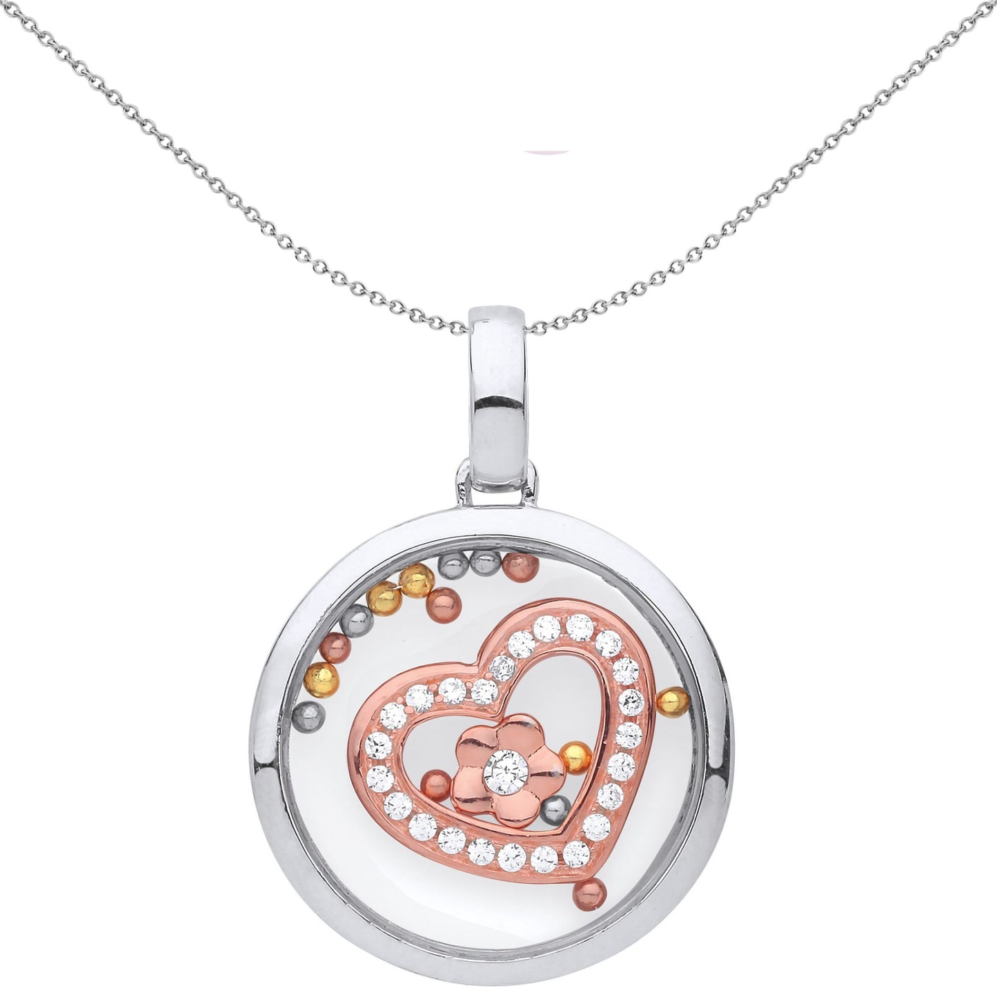 Rose Silver  CZ Floating Bead Love Heart Pendant Necklace - GVP428