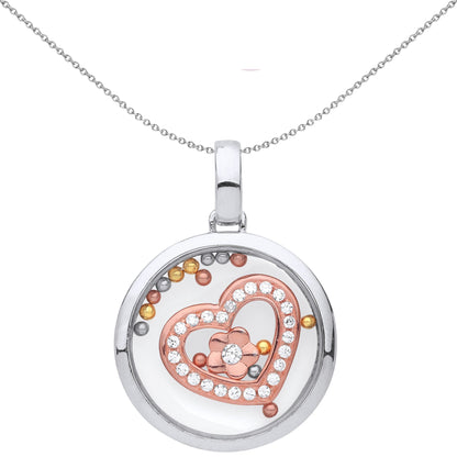 Rose Silver  CZ Floating Bead Love Heart Pendant Necklace - GVP428