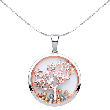 Rose Silver  CZ Floating Bead Tree of Life Pendant Necklace - GVP429