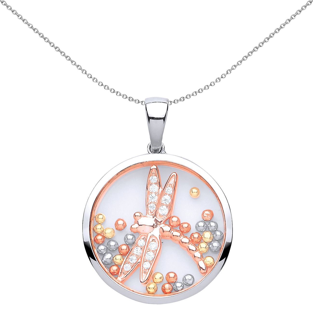 Rose Silver  CZ Floating Bead Dragonfly Pendant Necklace - GVP430