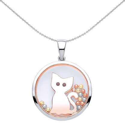 Rose Silver  black CZ Floating Bead Kitty Cat Necklace 18 inch - GVP432