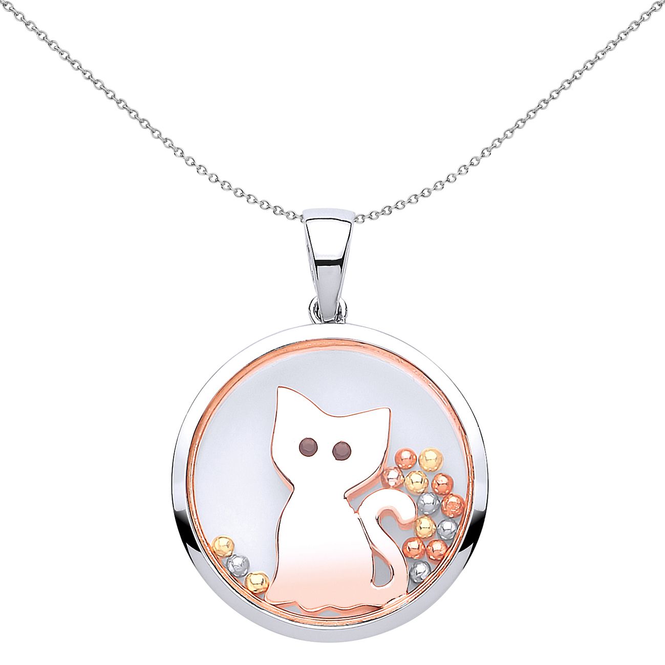 Rose Silver  black CZ Floating Bead Kitty Cat Necklace 18 inch - GVP432