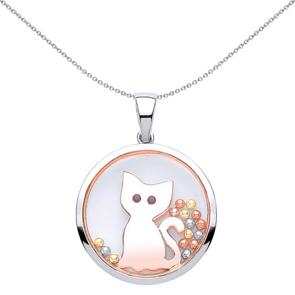 Rose Silver  black CZ Floating Bead Kitty Cat Necklace 18 inch - GVP432