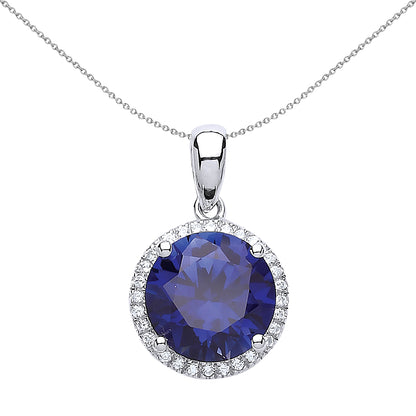 Silver  Blue CZ Halo Pendant Necklace 18 inch - GVP435