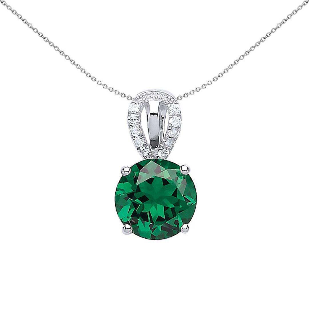 Silver  Green CZ Teardrop Halo Solitaire Pendant Necklace - GVP436EM