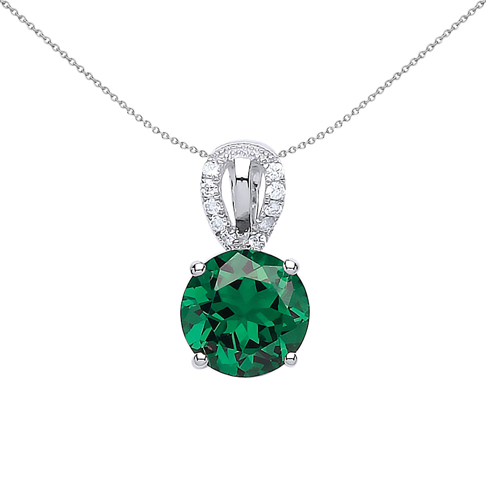 Silver  Green CZ Teardrop Halo Solitaire Pendant Necklace 18 inch - GVP436EM