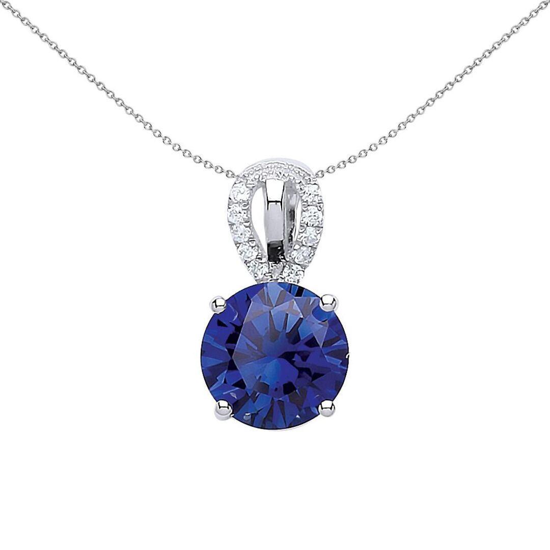 Silver  Blue CZ Teardrop Halo Solitaire Pendant Necklace - GVP436