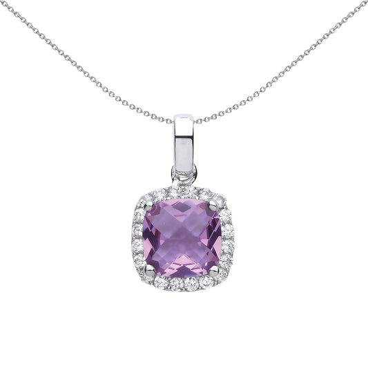 Silver  Lilac Cushion CZ Checkerboard Pendant Necklace 18 inch - GVP437AMY