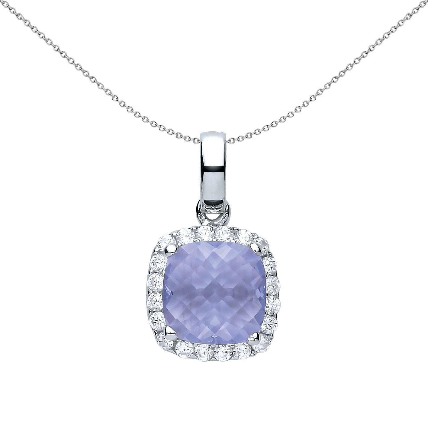 Silver  Lilac Square Cushion CZ Solitaire Halo Charm Necklace 18" - GVP437AQ