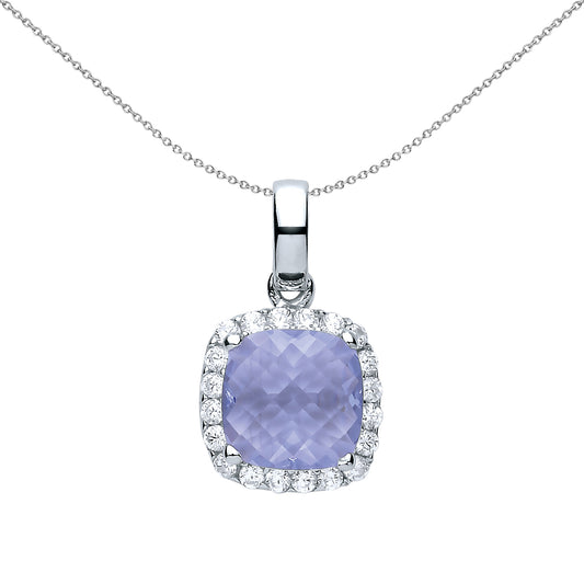 Silver  Lilac Square Cushion CZ Solitaire Halo Charm Necklace - GVP437AQ