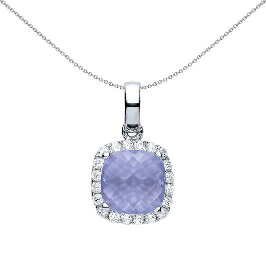 Silver  Lilac Square Cushion CZ Solitaire Halo Charm Necklace - GVP437AQ