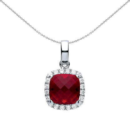 Silver  Rose red Square Cushion CZ Halo Charm Necklace 18" - GVP437RU