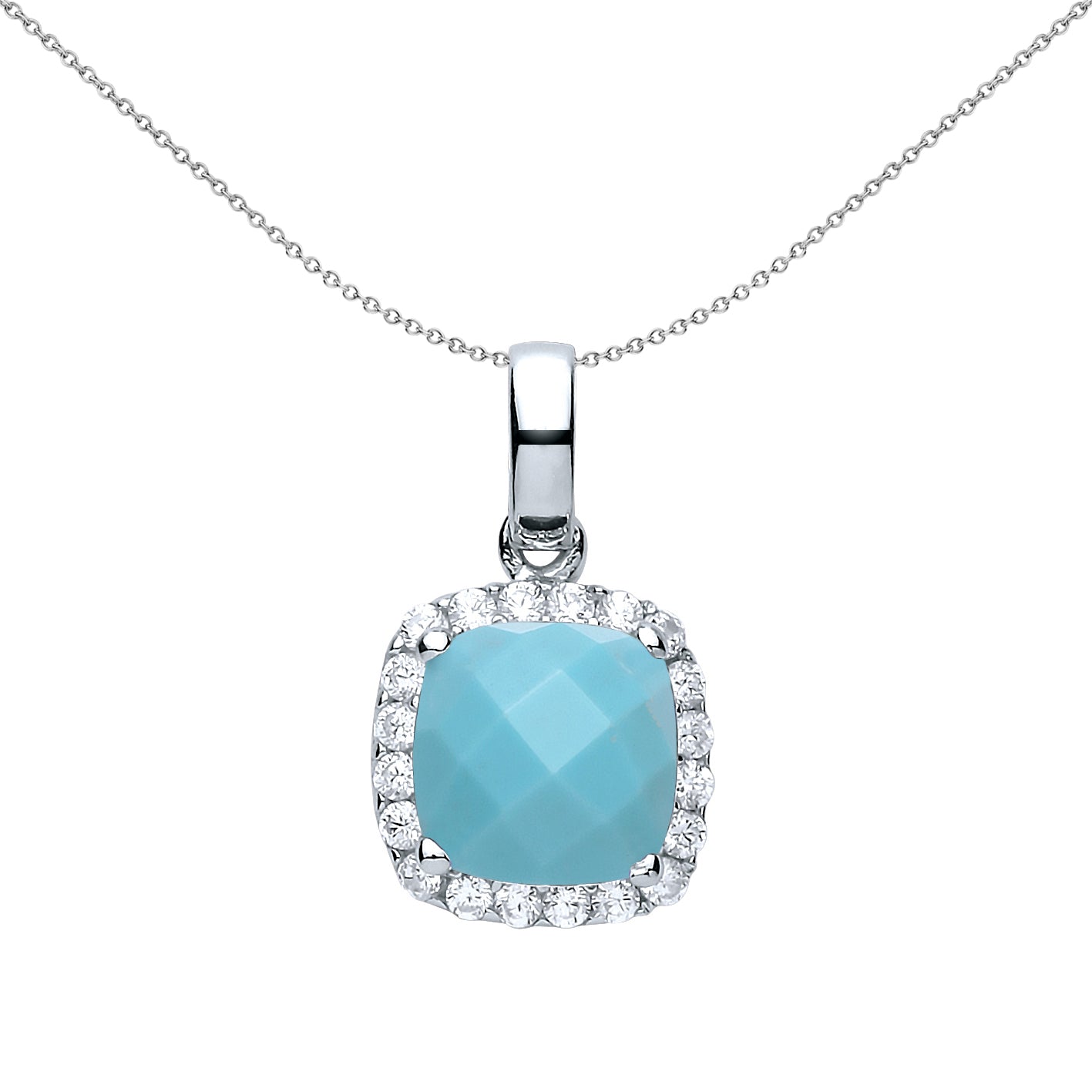 Silver  Aqua Square Cushion Turquoise Halo Charm Necklace 18" - GVP437TQ