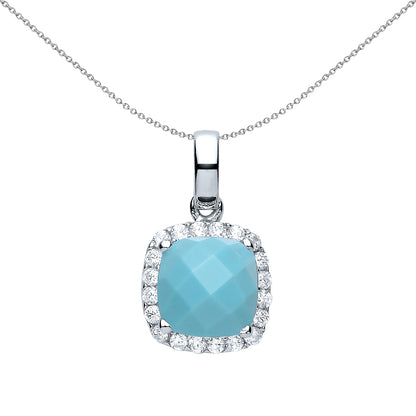 Silver  Aqua Square Cushion Turquoise Halo Charm Necklace 18" - GVP437TQ