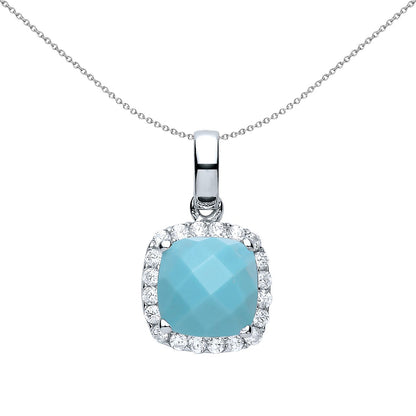 Silver  Aqua Square Cushion Turquoise Halo Charm Necklace - GVP437TQ