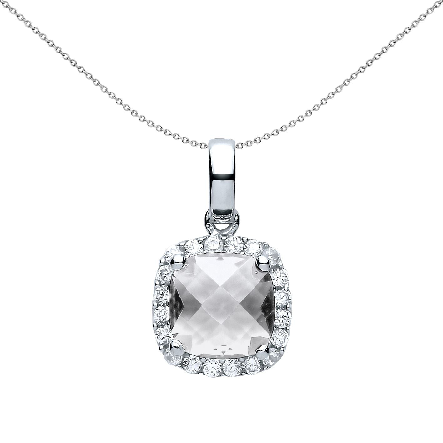 925 Silver  Cushion CZ Solitaire Halo Pendant Necklace 18 inch - GVP437WH