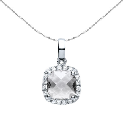 925 Silver  Cushion CZ Solitaire Halo Pendant Necklace 18 inch - GVP437WH