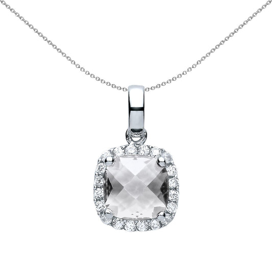 925 Silver  Cushion CZ Solitaire Halo Pendant Necklace - GVP437WH