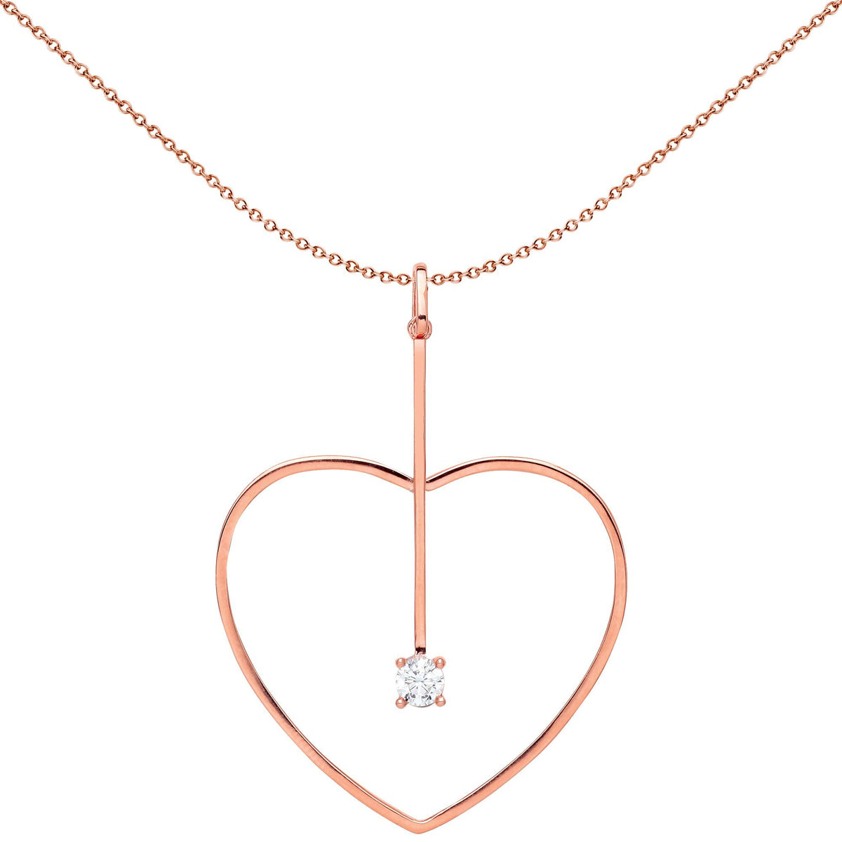 Rose Sterling Silver  CZ Open Pendulum Love Heart Pendant Necklace - GVP444