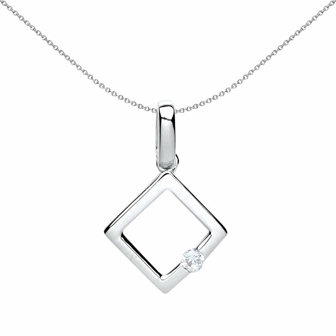Silver  CZ Solitaire Square Halo Charm Necklace 18 inch - GVP446
