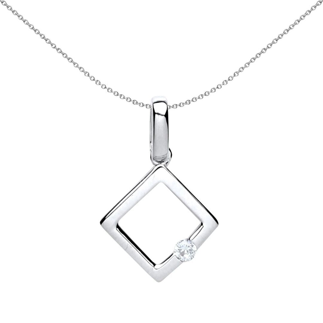 Silver  CZ Solitaire Square Halo Charm Necklace - GVP446