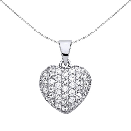 Silver  CZ Domed Encrusted Love Heart Charm Necklace 18 inch - GVP450