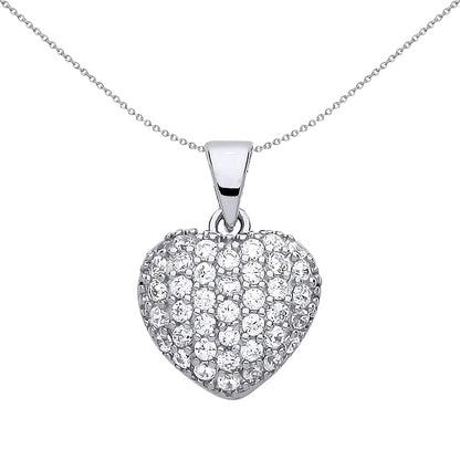 Silver  CZ Domed Encrusted Love Heart Charm Necklace 18 inch - GVP450