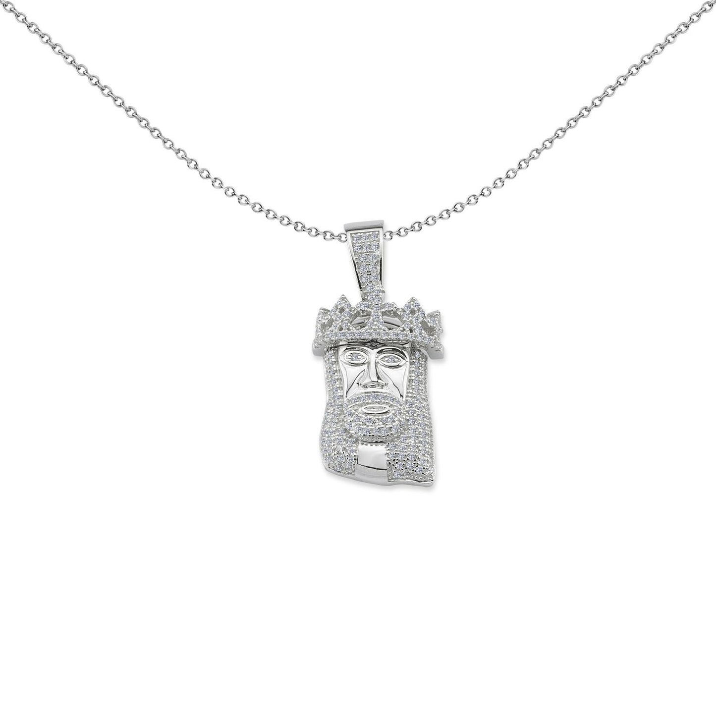 Unisex Silver  CZ Crowned Head of Jesus Pendant Necklace - GVP454