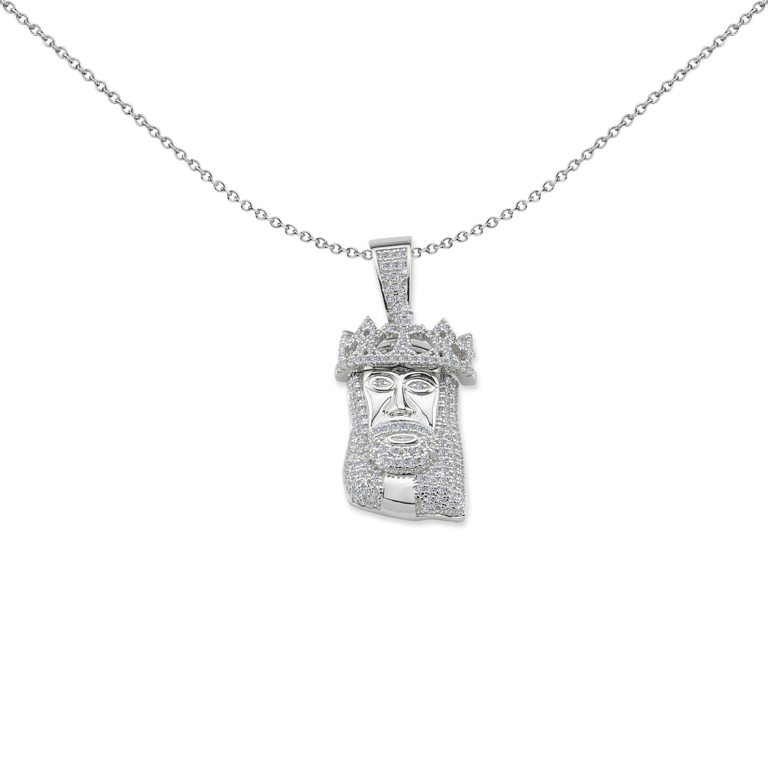 Unisex Silver  CZ Crowned Head of Jesus Pendant Necklace - GVP454