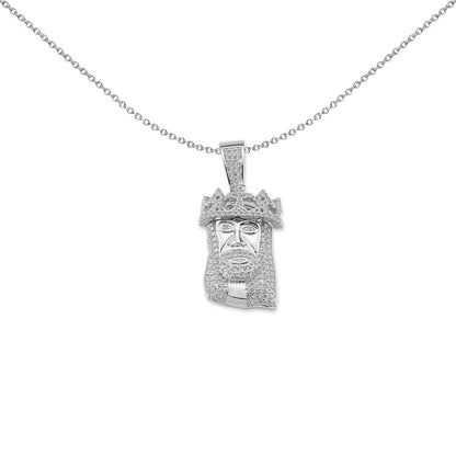 Unisex Silver  CZ Crowned Head of Jesus Pendant Necklace - GVP454