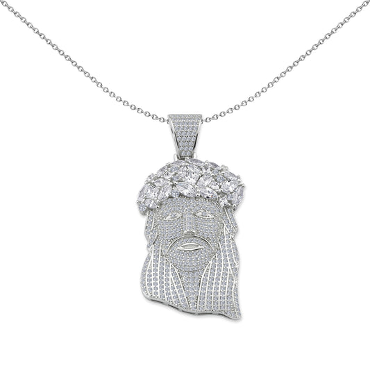 Mens Silver  Crown of Thorns Jesus Head Pendant Necklace - GVP455