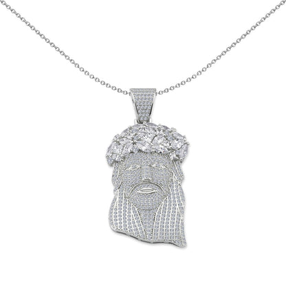 Mens Silver  Princess CZ Crown of Thorns Jesus Head Necklace - GVP455