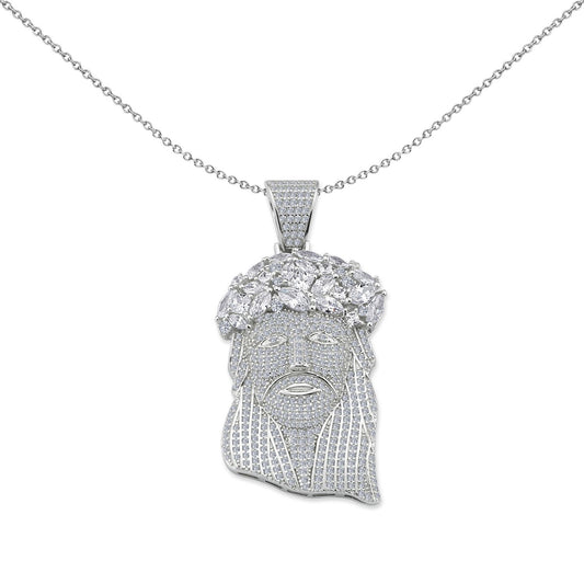 Mens Silver  Princess CZ Crown of Thorns Jesus Head Necklace - GVP455