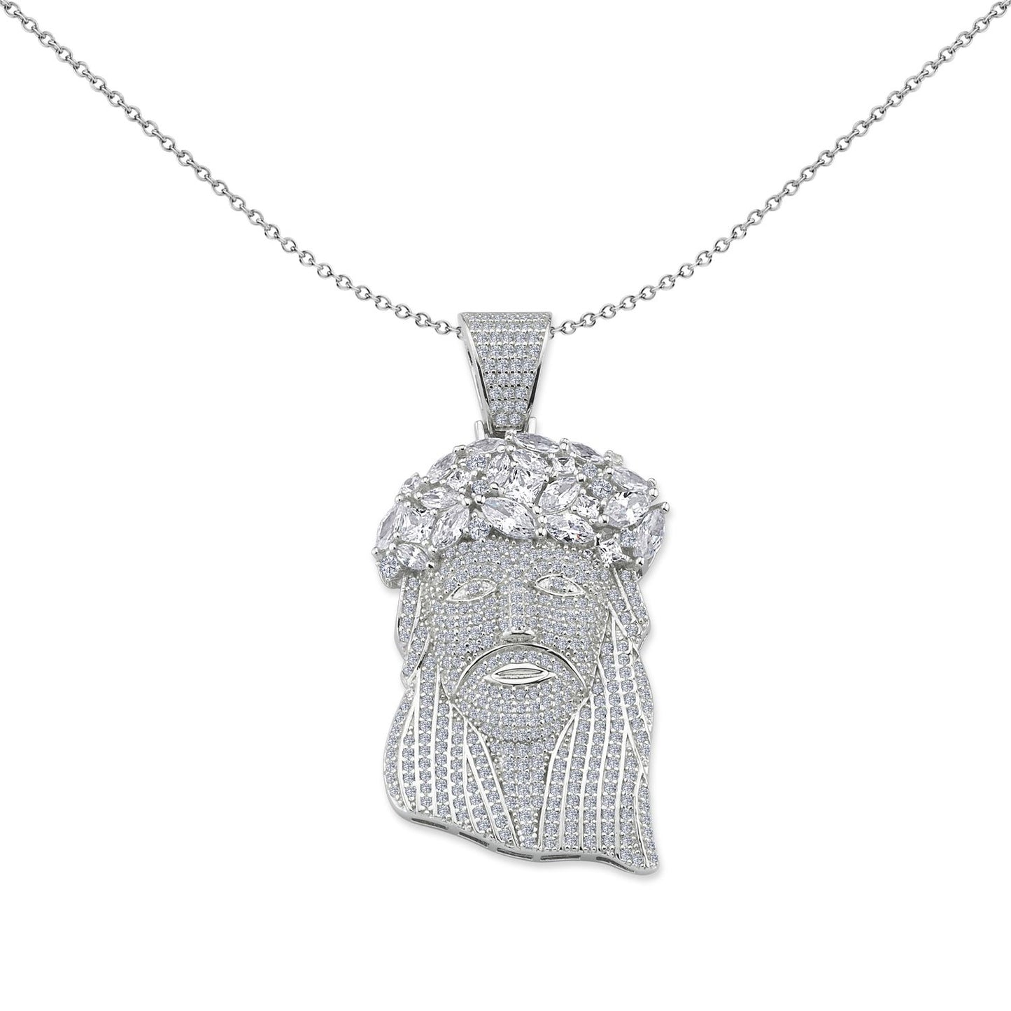 Mens Silver  Princess CZ Crown of Thorns Jesus Head Necklace 18" - GVP455