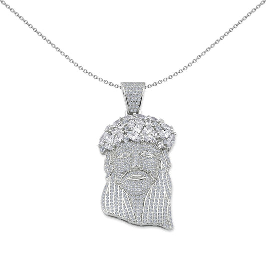 Mens Silver  Princess CZ Crown of Thorns Jesus Head Necklace 18" - GVP455