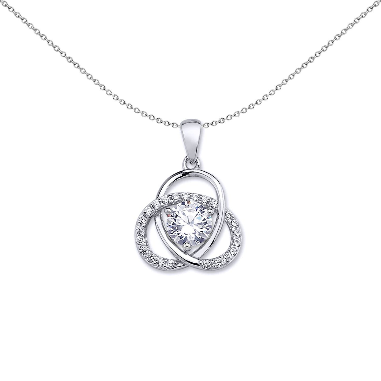 Silver  CZ Trilogy Knot Pretzel Solitaire Charm Necklace - GVP464