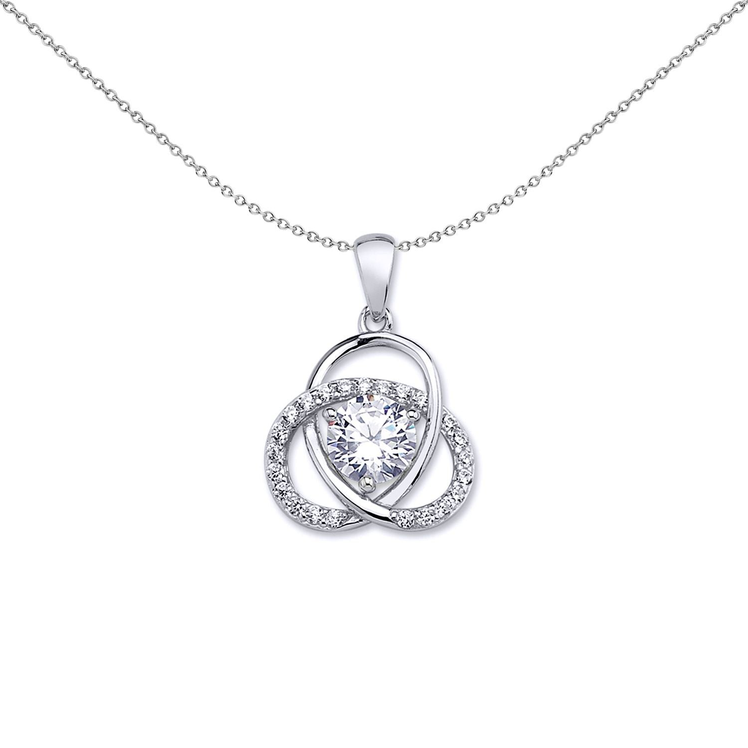 Silver  CZ Trilogy Knot Pretzel Solitaire Charm Necklace - GVP464