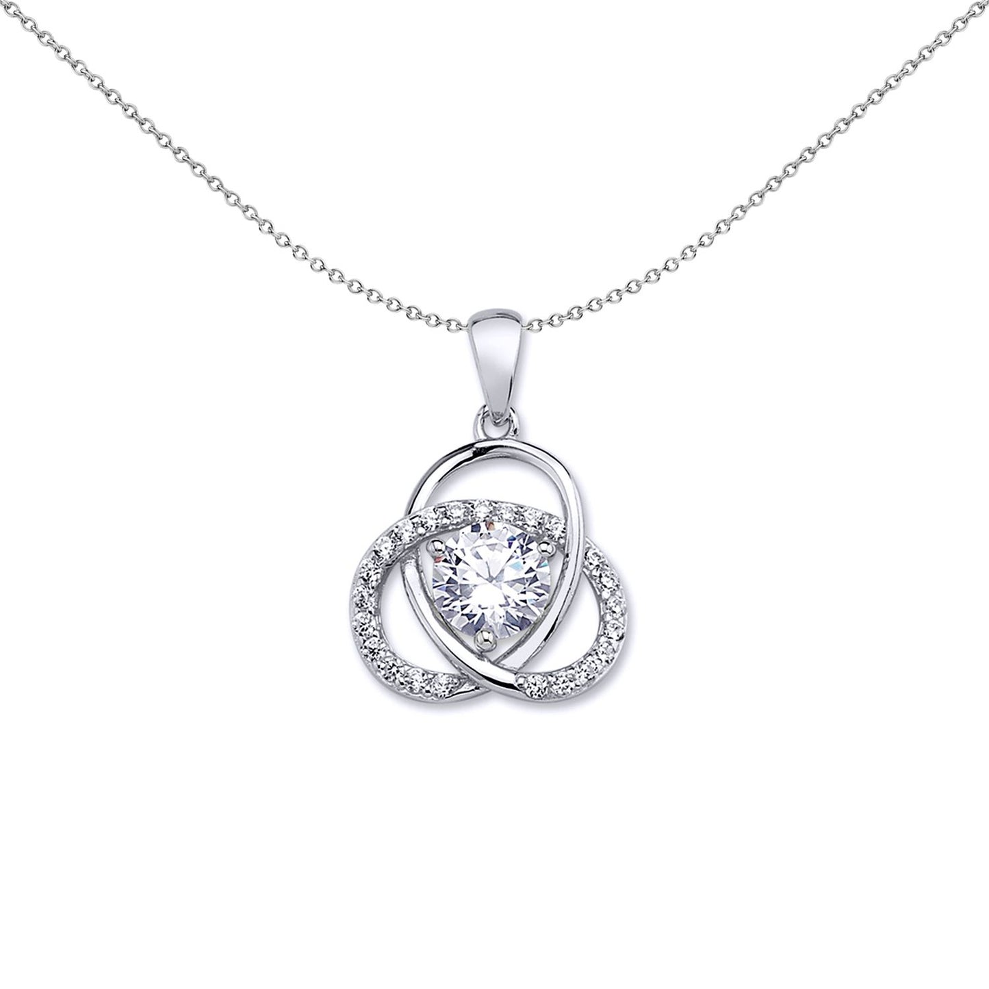 Silver  CZ Trilogy Knot Pretzel Solitaire Charm Necklace 18 inch - GVP464