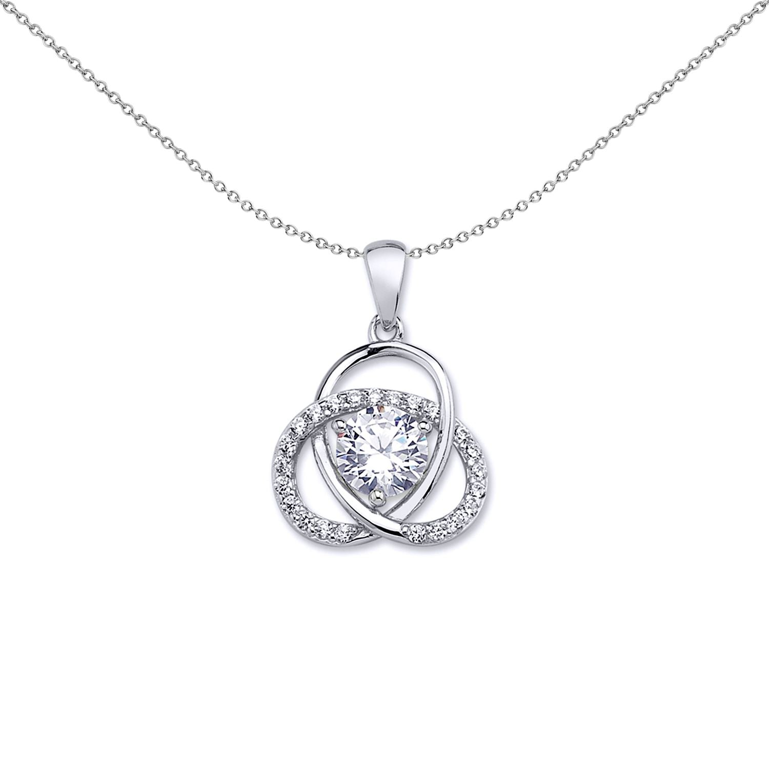 Silver  CZ Trilogy Knot Pretzel Solitaire Charm Necklace 18 inch - GVP464